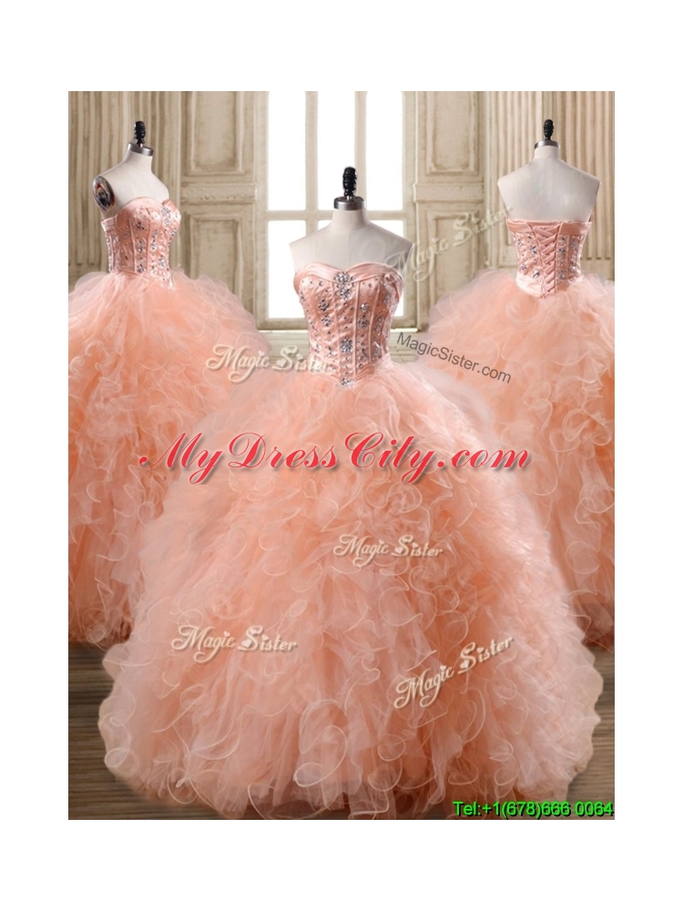 Lovely Peach Big Puffy Quinceanera Dress with Beading and Ruffles