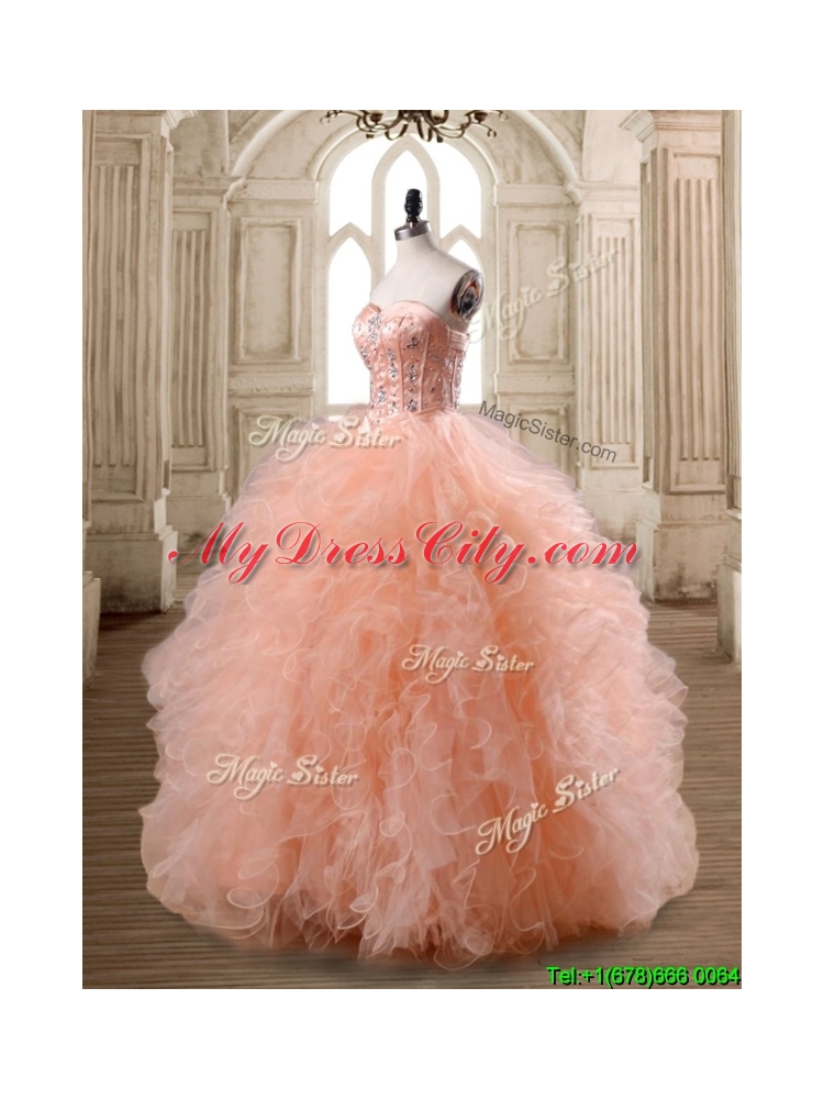 Lovely Peach Big Puffy Quinceanera Dress with Beading and Ruffles