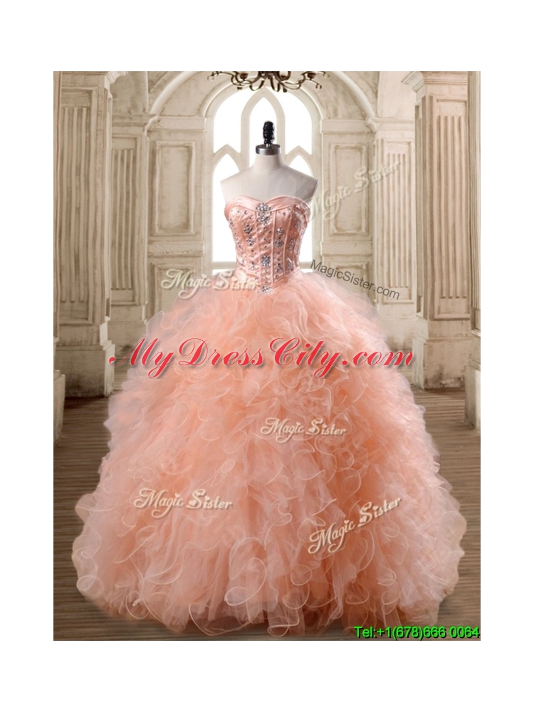 Lovely Peach Big Puffy Quinceanera Dress with Beading and Ruffles