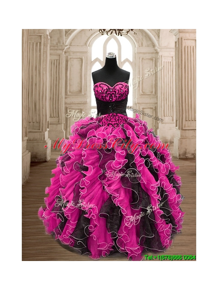 Modest Hot Pink and Black Quinceanera Dress with Beading and Ruffles