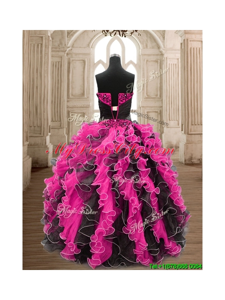 Modest Hot Pink and Black Quinceanera Dress with Beading and Ruffles