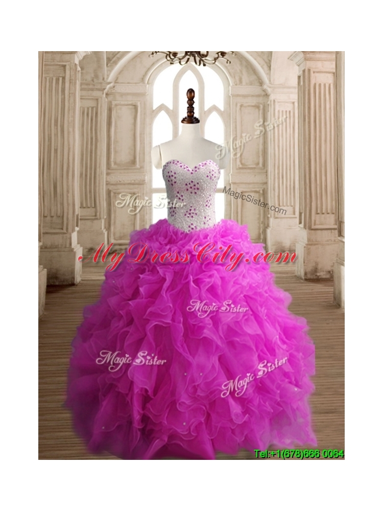 New Arrivals Really Puffy Fuchsia Quinceanera Dress with Beading and Ruffles