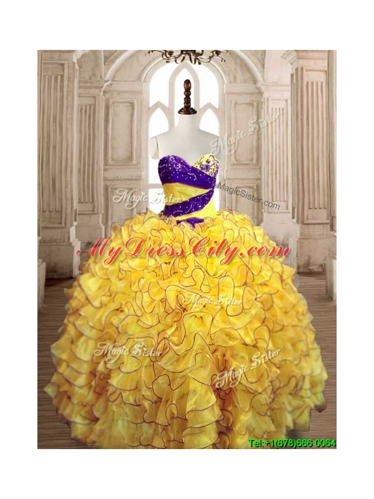 Pretty Ball Gown Yellow Quinceanera Dress with Beading and Ruffles