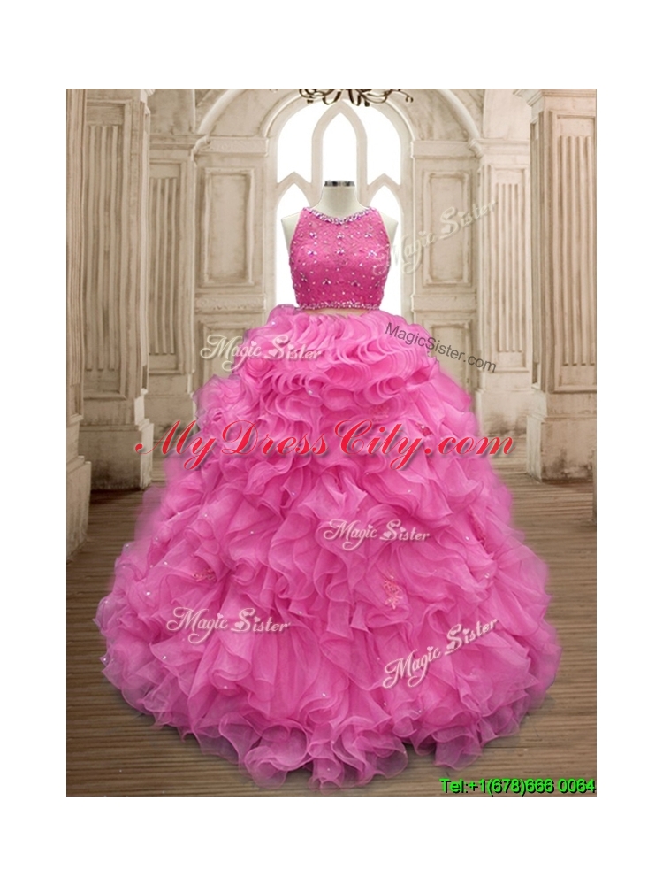 Two Piece Scoop Beaded and Ruffles Quinceanera Dress in Organza