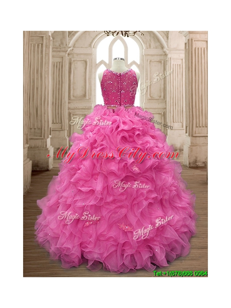 Two Piece Scoop Beaded and Ruffles Quinceanera Dress in Organza