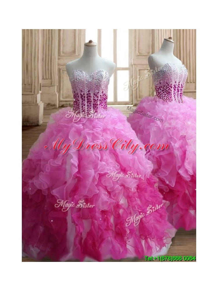 Visible Boning Beaded Bodice and Ruffled Quinceanera Dress in Gradient Color