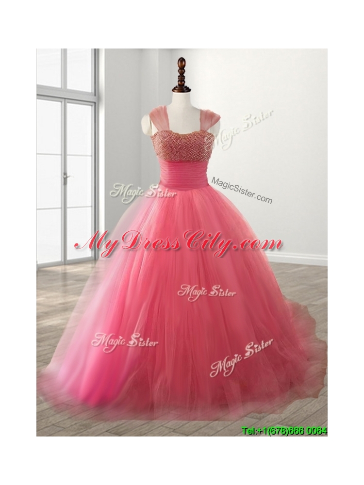 Cheap Straps Beading Brush Train Quinceanera Dress in Watermelon Red