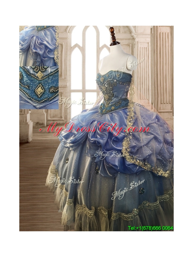 Classical Beaded and Pick Ups Big Puffy Quinceanera Dress in Blue