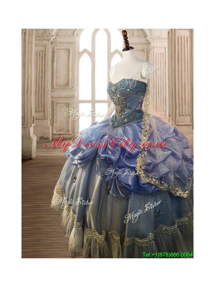 Classical Beaded and Pick Ups Big Puffy Quinceanera Dress in Blue