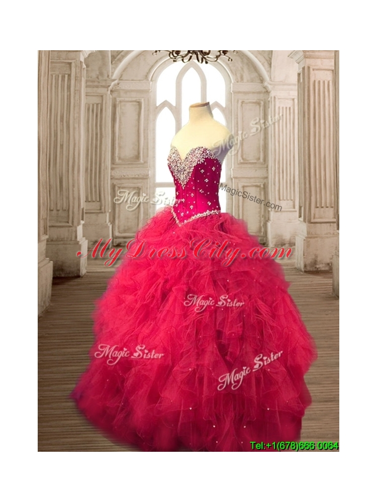 Classical Beaded and Ruffled Tulle Quinceanera Dress in Red