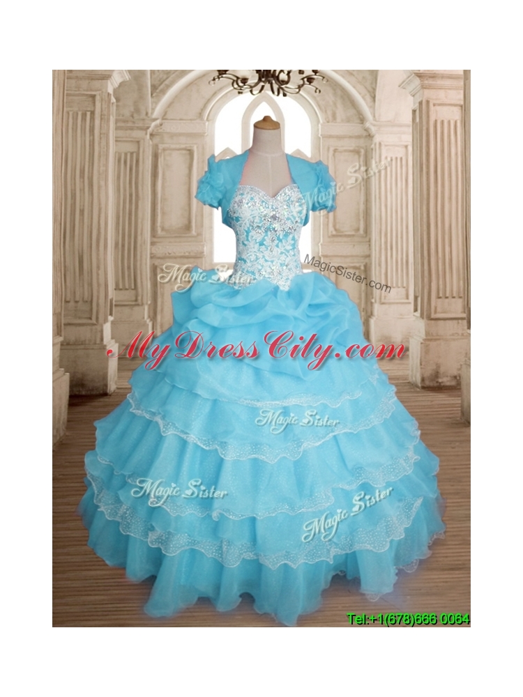 Classical Really Puffy Baby Blue Quinceanera Dress with Ruffled Layers and Beading