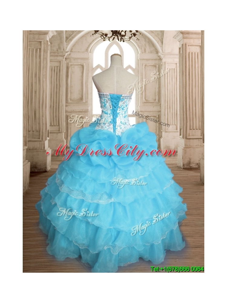 Classical Really Puffy Baby Blue Quinceanera Dress with Ruffled Layers and Beading