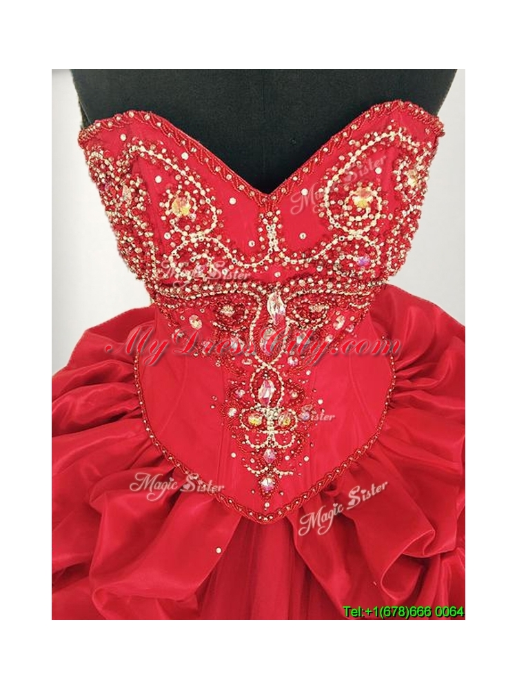 Comfortable Red Big Puffy Quinceanera Dress with Beading and Pick Ups