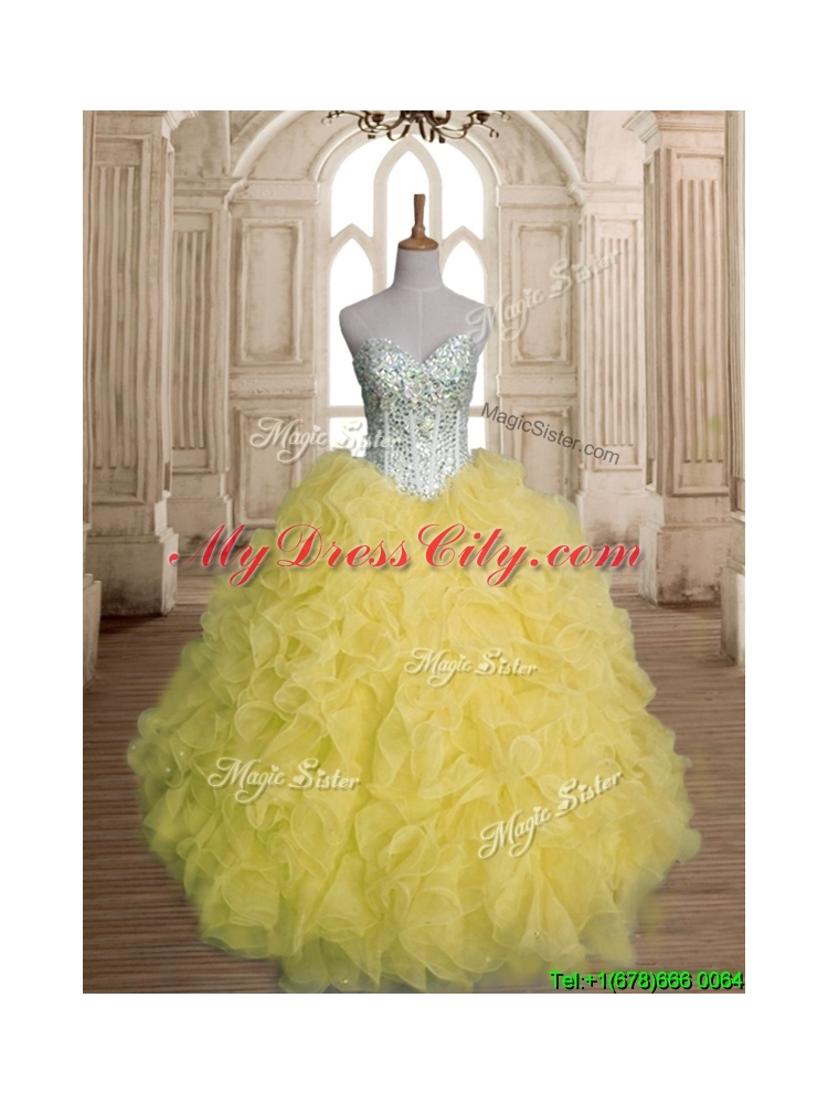 Discount Beaded and Ruffled Organza Quinceanera Dress in Yellow