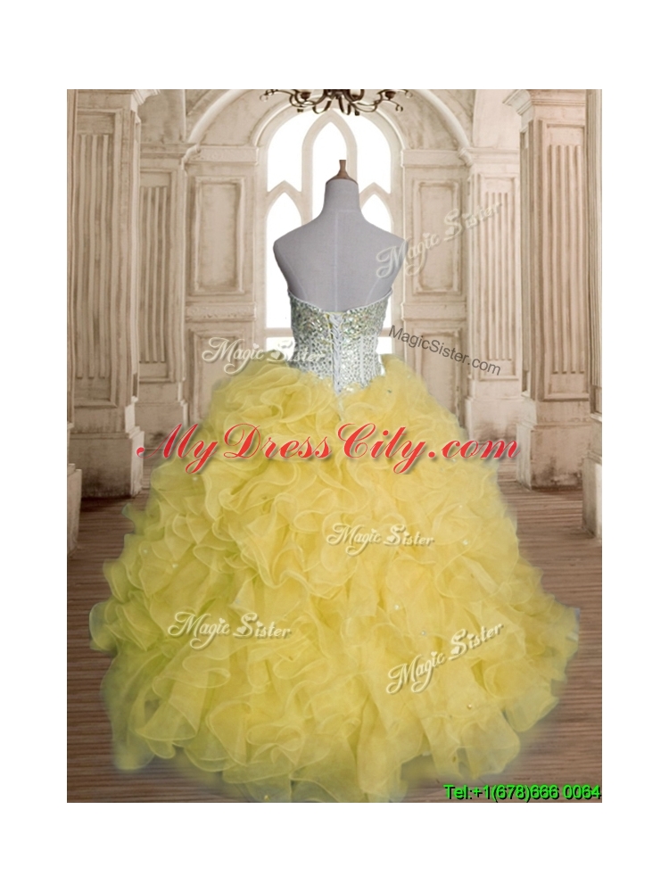 Discount Beaded and Ruffled Organza Quinceanera Dress in Yellow