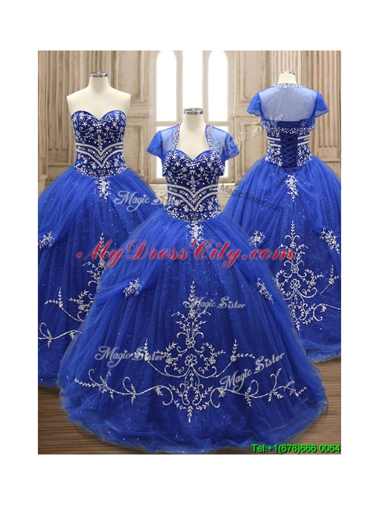 Elegant Applique Royal Blue Sweet 16 Dress with Brush Train