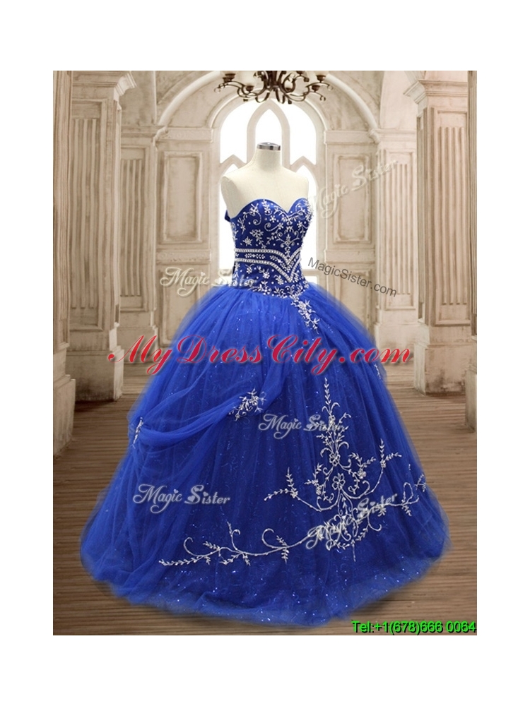 Elegant Applique Royal Blue Sweet 16 Dress with Brush Train