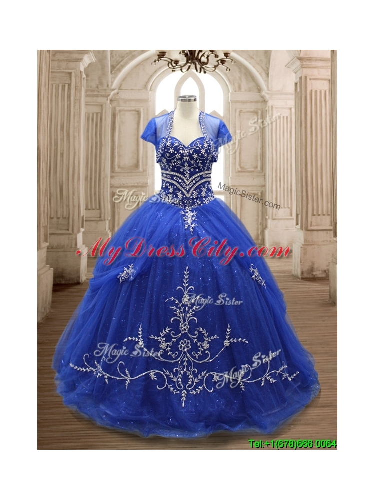 Elegant Applique Royal Blue Sweet 16 Dress with Brush Train