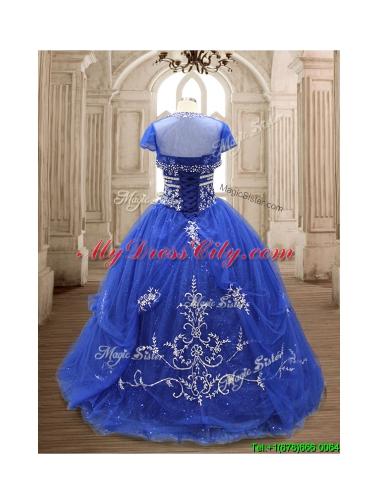 Elegant Applique Royal Blue Sweet 16 Dress with Brush Train