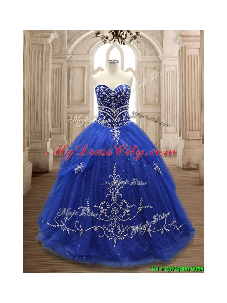 Elegant Applique Royal Blue Sweet 16 Dress with Brush Train