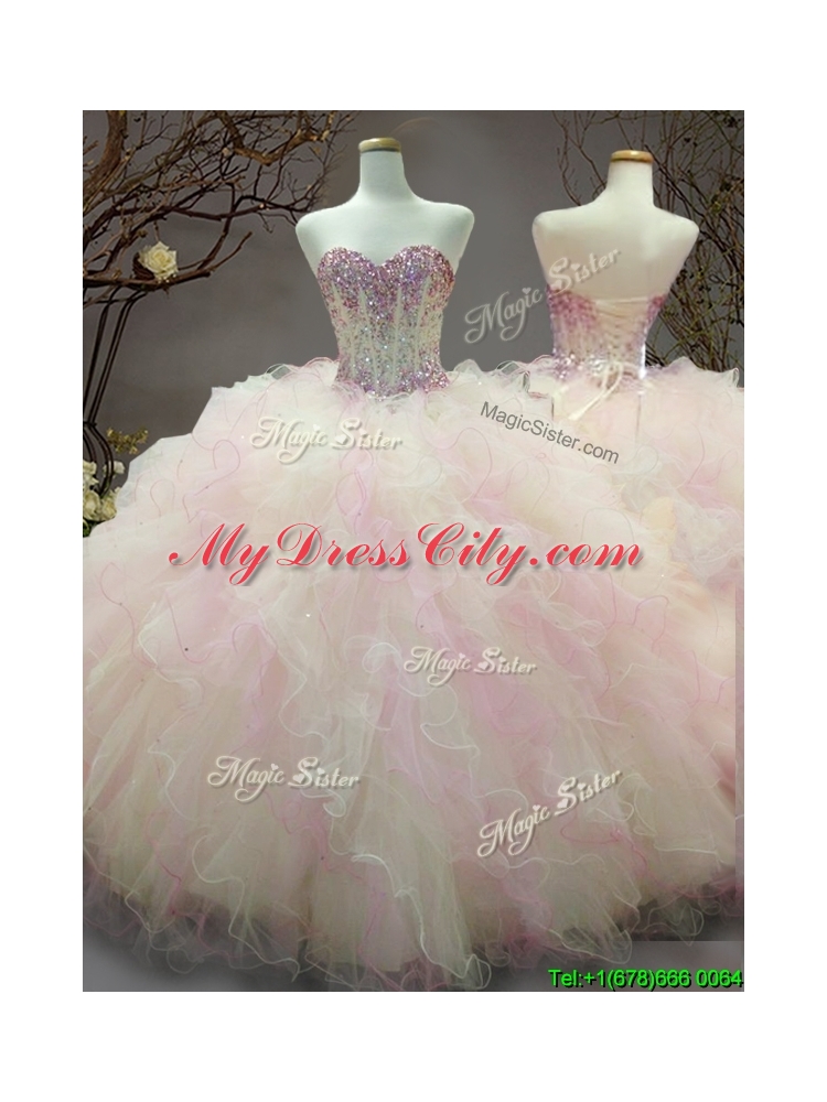 Elegant Beaded and Ruffled Organza Sweet 16 Dress in Rainbow