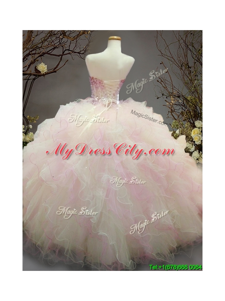 Elegant Beaded and Ruffled Organza Sweet 16 Dress in Rainbow