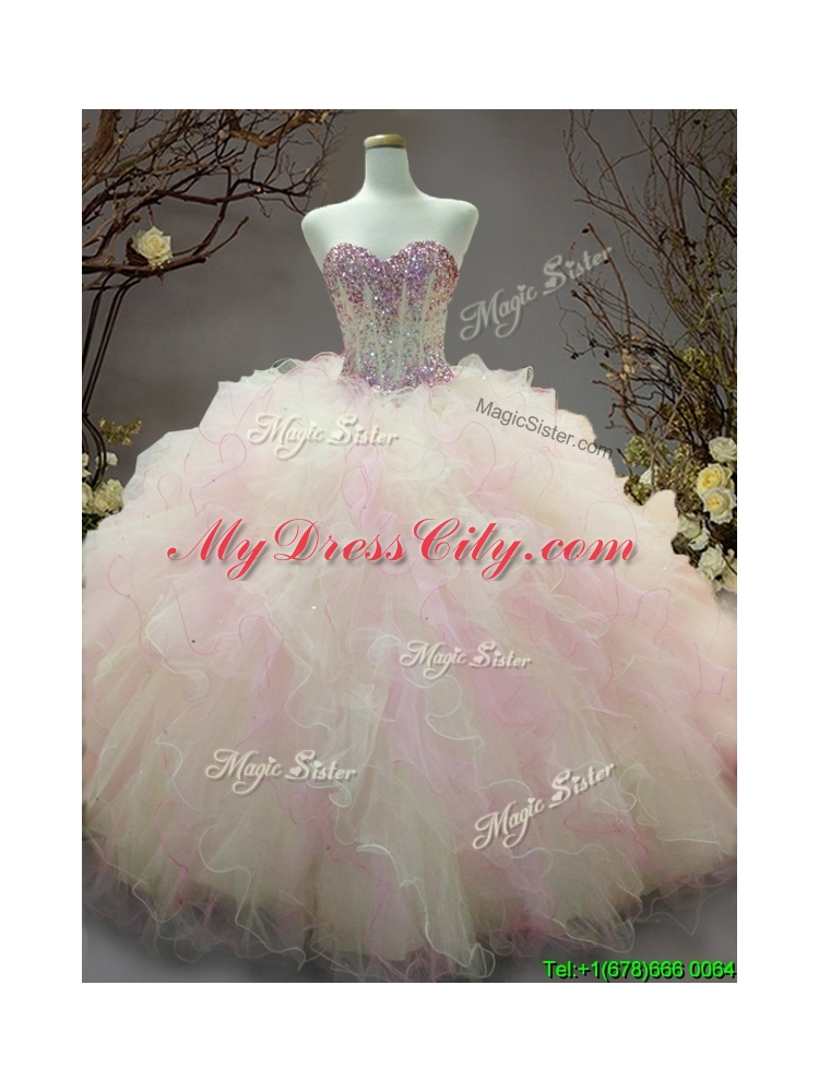 Elegant Beaded and Ruffled Organza Sweet 16 Dress in Rainbow