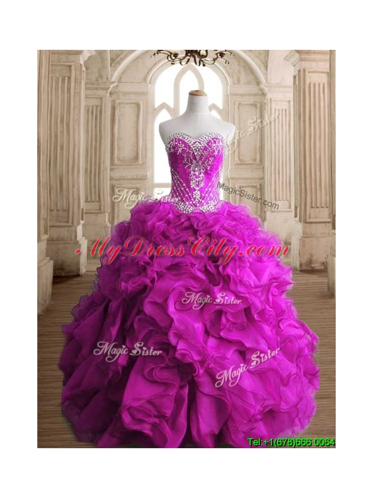 Elegant Fuchsia Organza Quinceanera Gown with Beading and Ruffles