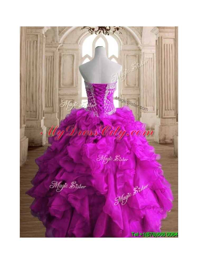 Elegant Fuchsia Organza Quinceanera Gown with Beading and Ruffles