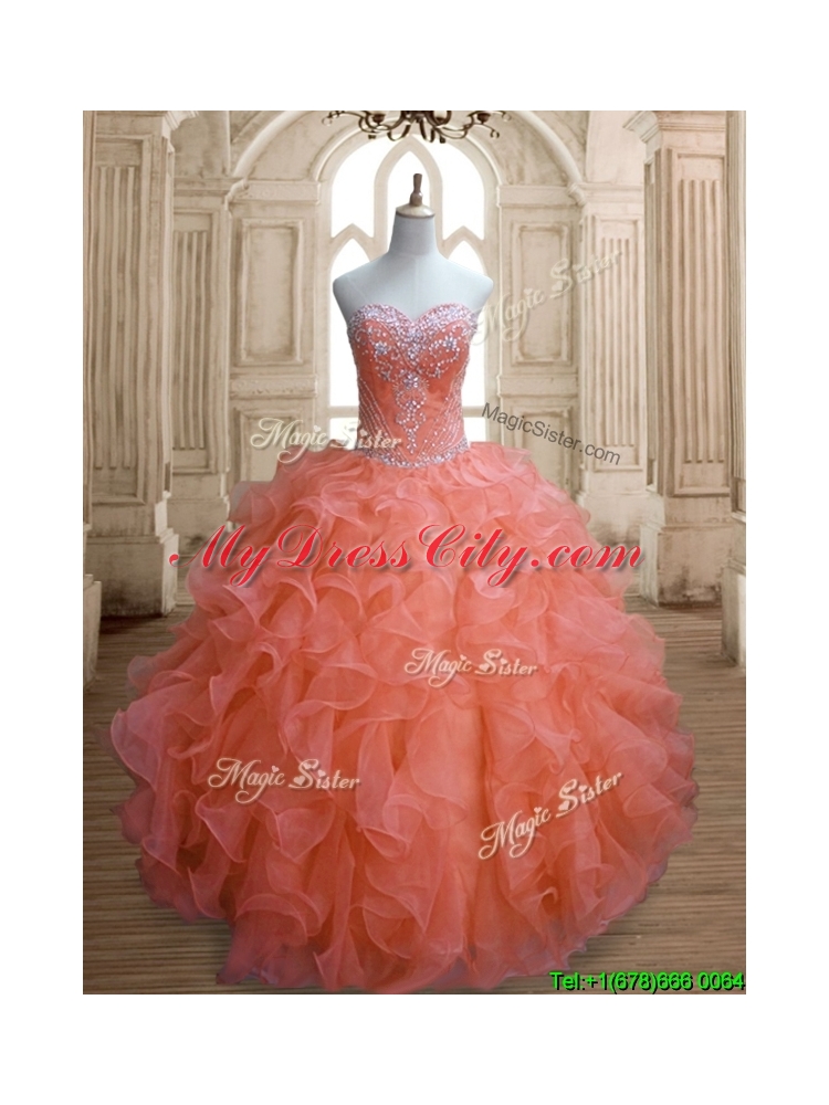 Elegant Orange Red Sweet 16 Dress with Beading and Ruffles