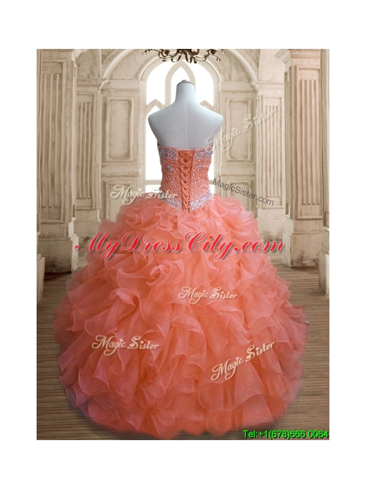 Elegant Orange Red Sweet 16 Dress with Beading and Ruffles