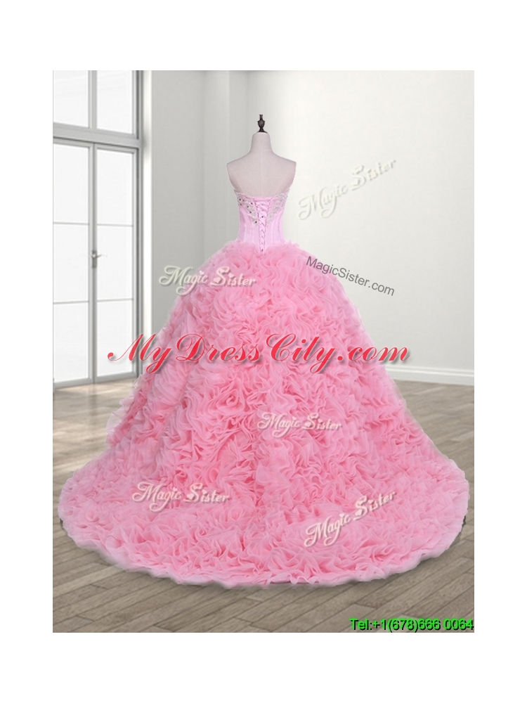 Elegant Rolling Flowers and Beaded Quinceanera Dress with Court Train