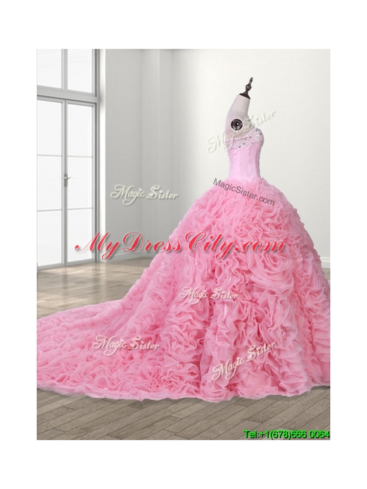 Elegant Rolling Flowers and Beaded Quinceanera Dress with Court Train