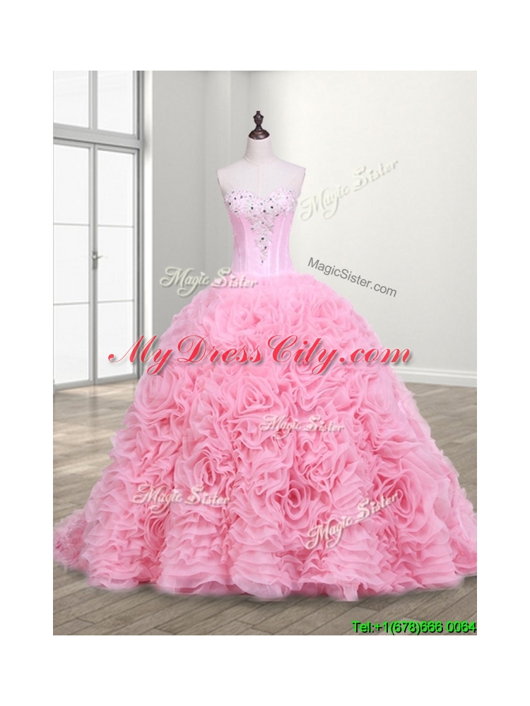 Elegant Rolling Flowers and Beaded Quinceanera Dress with Court Train