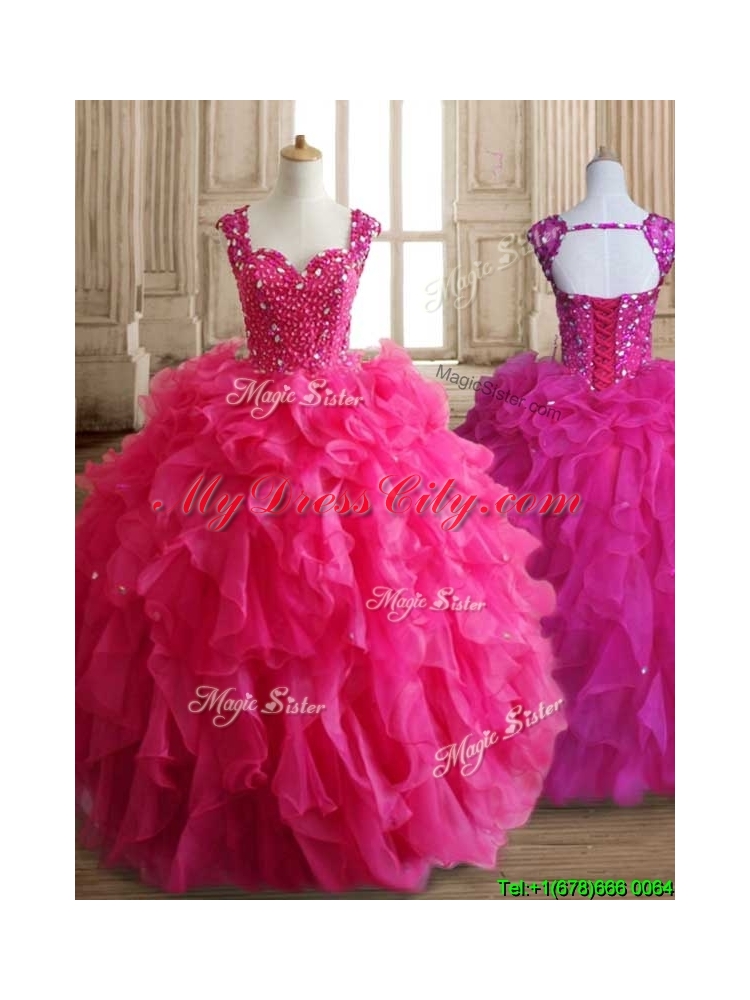 Exclusive Straps Hot Pink Quinceanera Dress with Beading and Ruffles