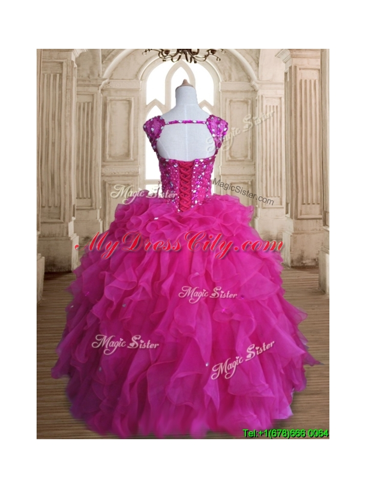 Exclusive Straps Hot Pink Quinceanera Dress with Beading and Ruffles