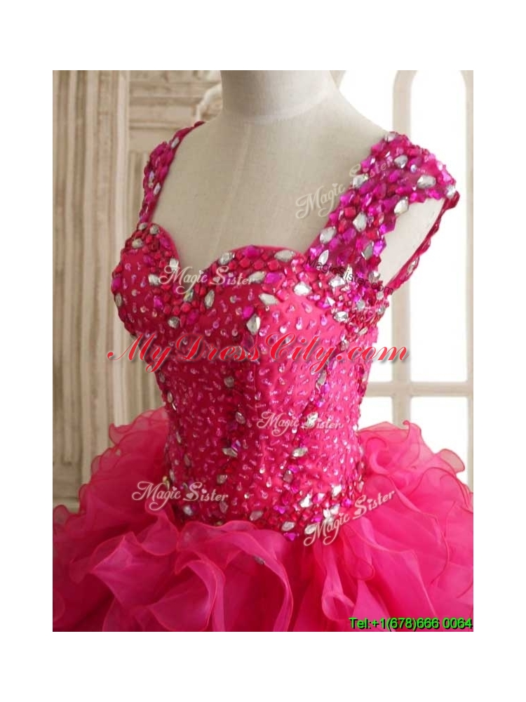 Exclusive Straps Hot Pink Quinceanera Dress with Beading and Ruffles