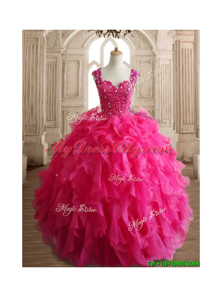 Exclusive Straps Hot Pink Quinceanera Dress with Beading and Ruffles