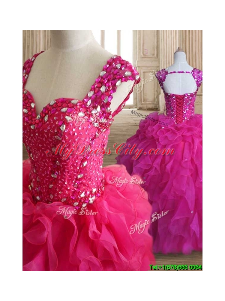 Exclusive Straps Hot Pink Quinceanera Dress with Beading and Ruffles