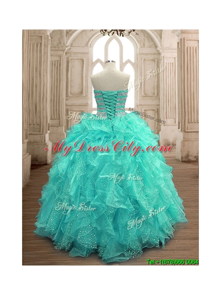 Gorgeous Beaded and Ruffled Big Puffy Sweet 16 Dress in Turquoise