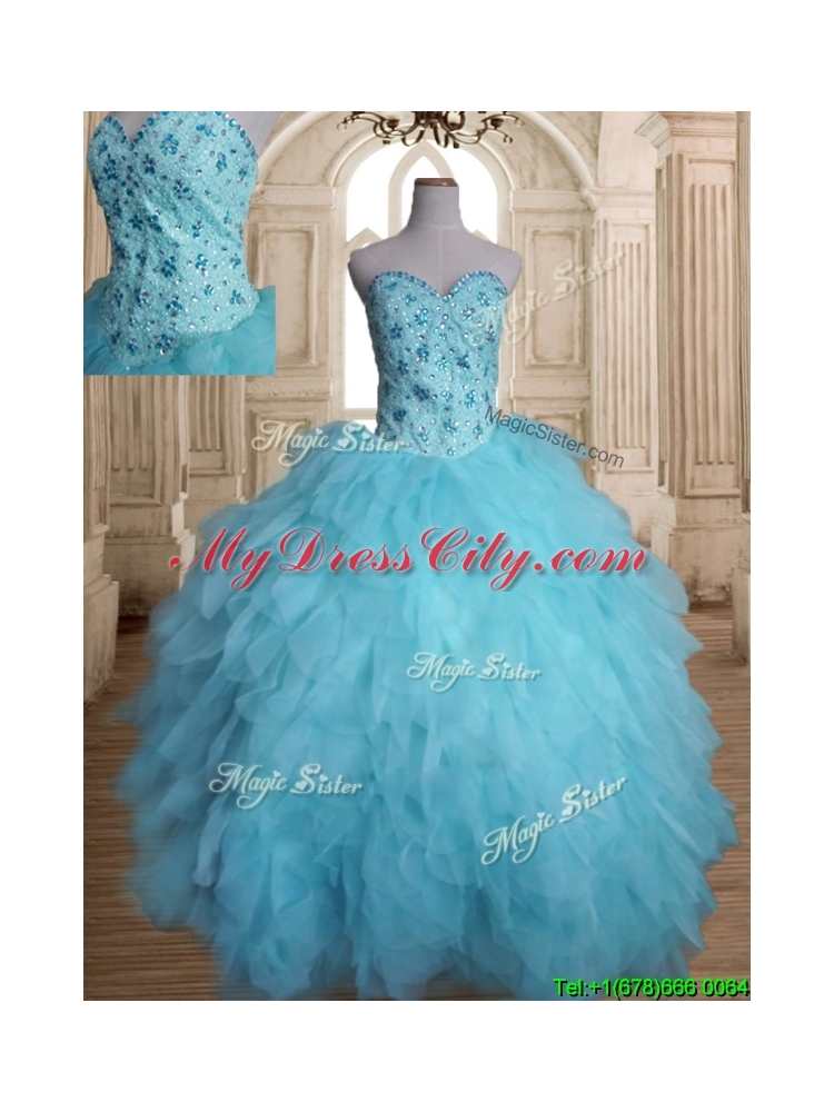 Latest Beaded and Ruffled Tulle Quinceanera Dress in Baby Blue