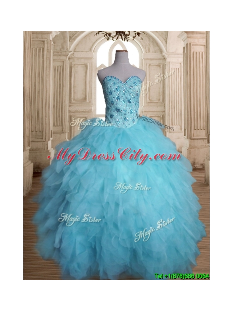 Latest Beaded and Ruffled Tulle Quinceanera Dress in Baby Blue