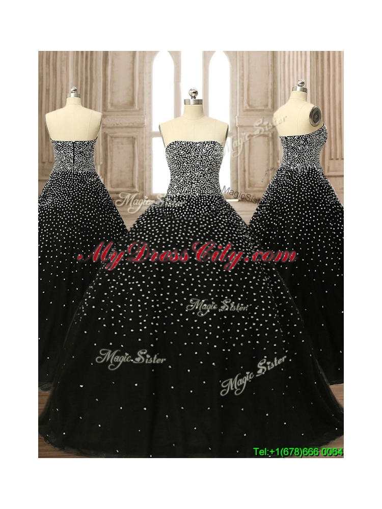 Latest Strapless Beading Black Quinceanera Dress with Brush Train