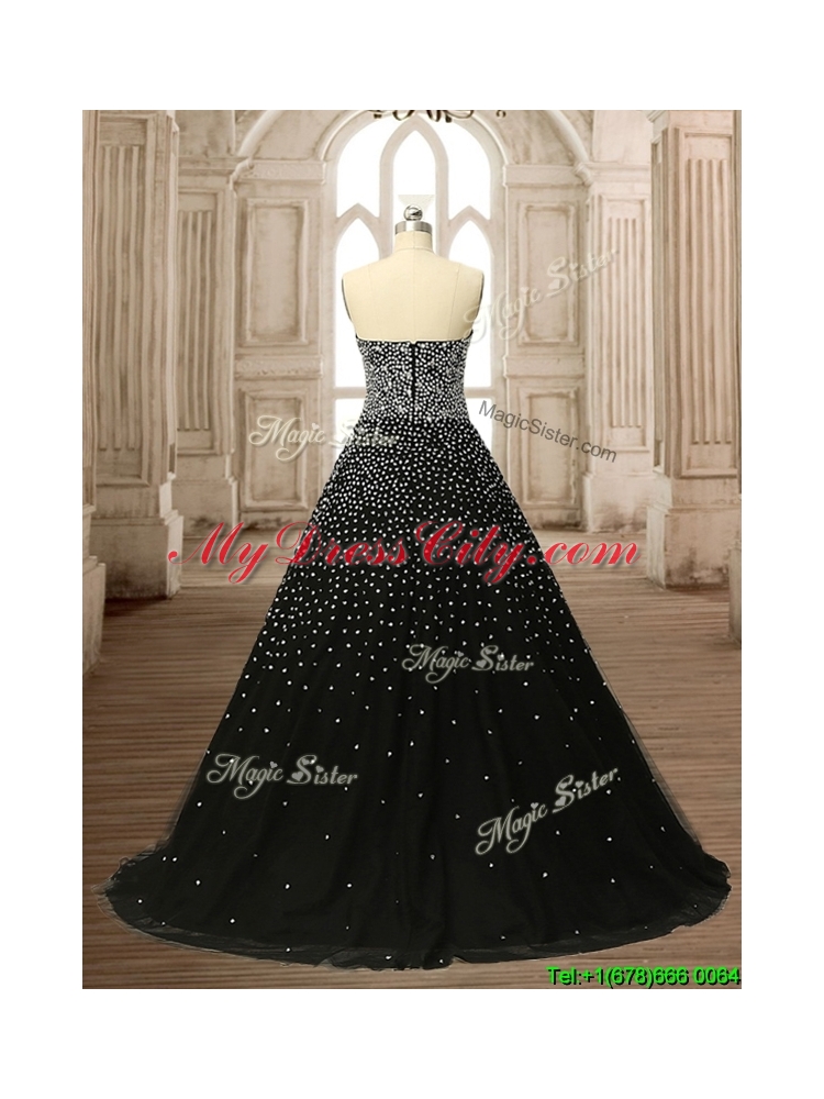 Latest Strapless Beading Black Quinceanera Dress with Brush Train