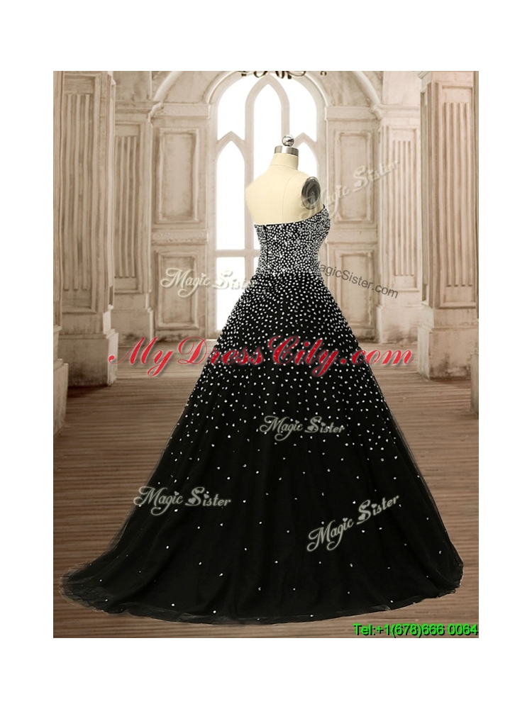 Latest Strapless Beading Black Quinceanera Dress with Brush Train