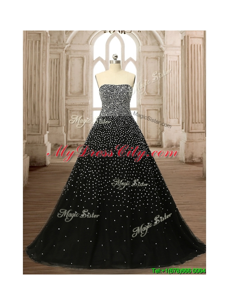 Latest Strapless Beading Black Quinceanera Dress with Brush Train