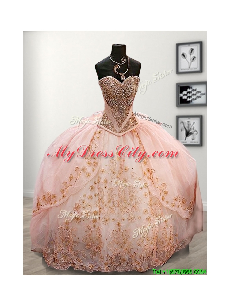 Lovely Beaded and Applique Pink Sweet 16 Dress with Puffy Skirt