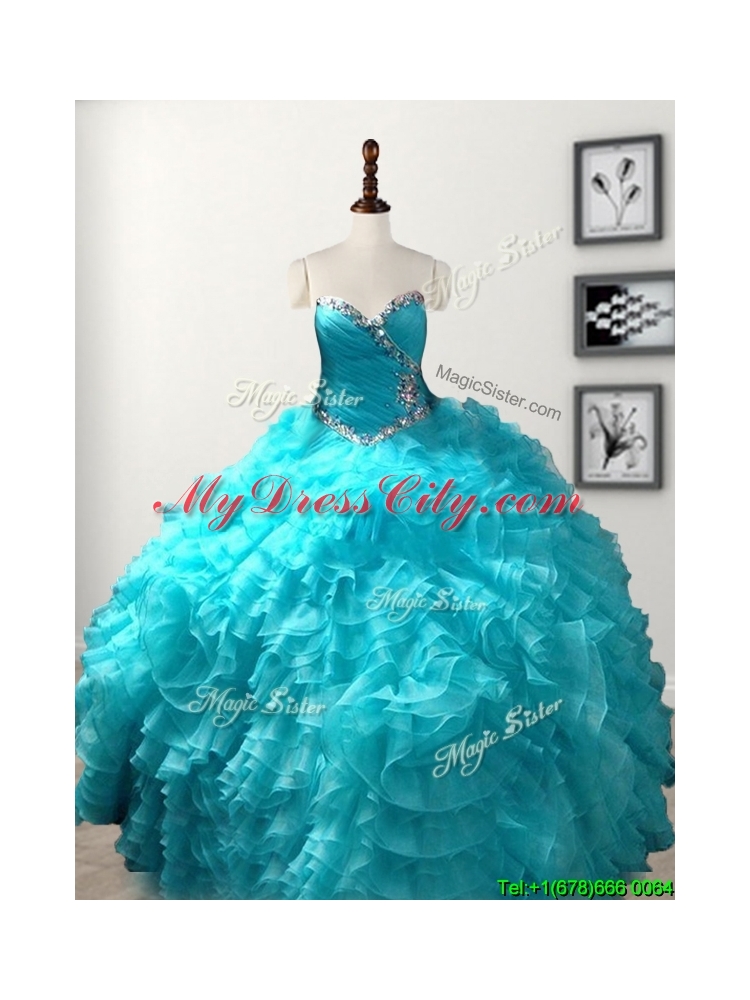 Low Price Beaded and Ruffled Organza Quinceanera Gown in Baby Blue