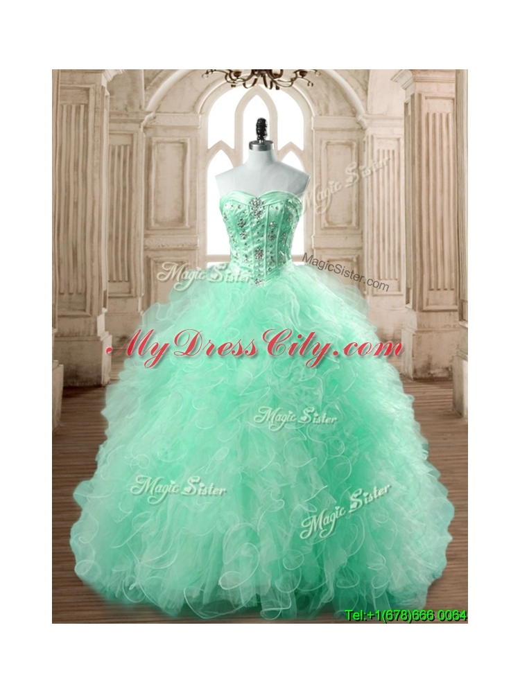 Popular Big Puffy Apple Green Quinceanera Dress with Beading and Ruffles