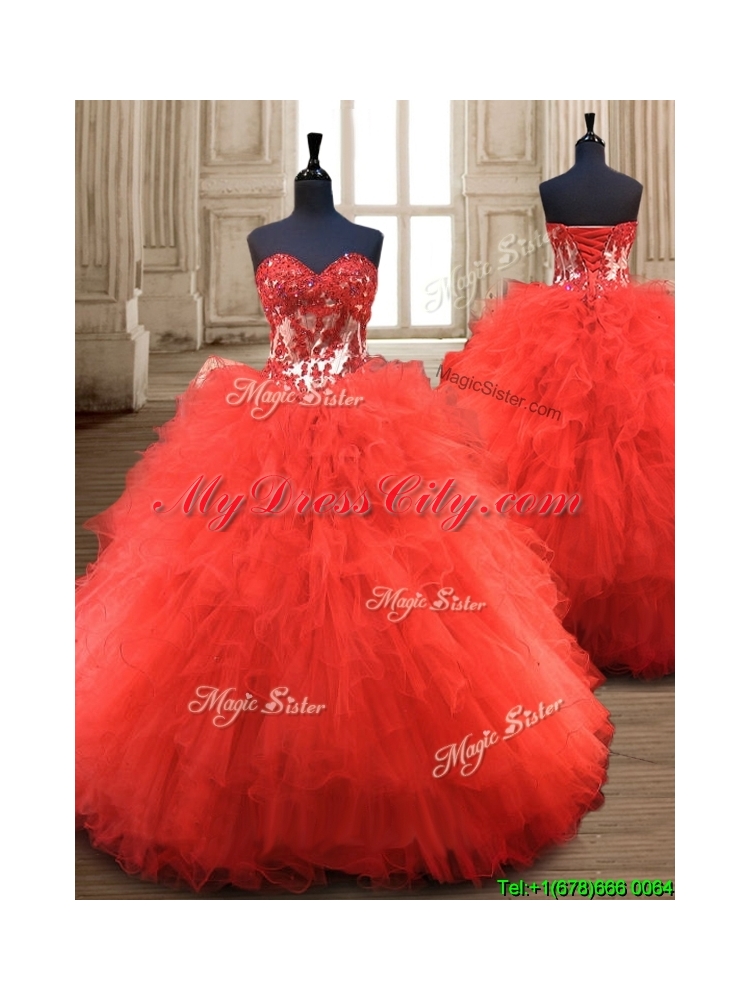 Popular Red Really Puffy Quinceanera Gown with Appliques and Ruffles